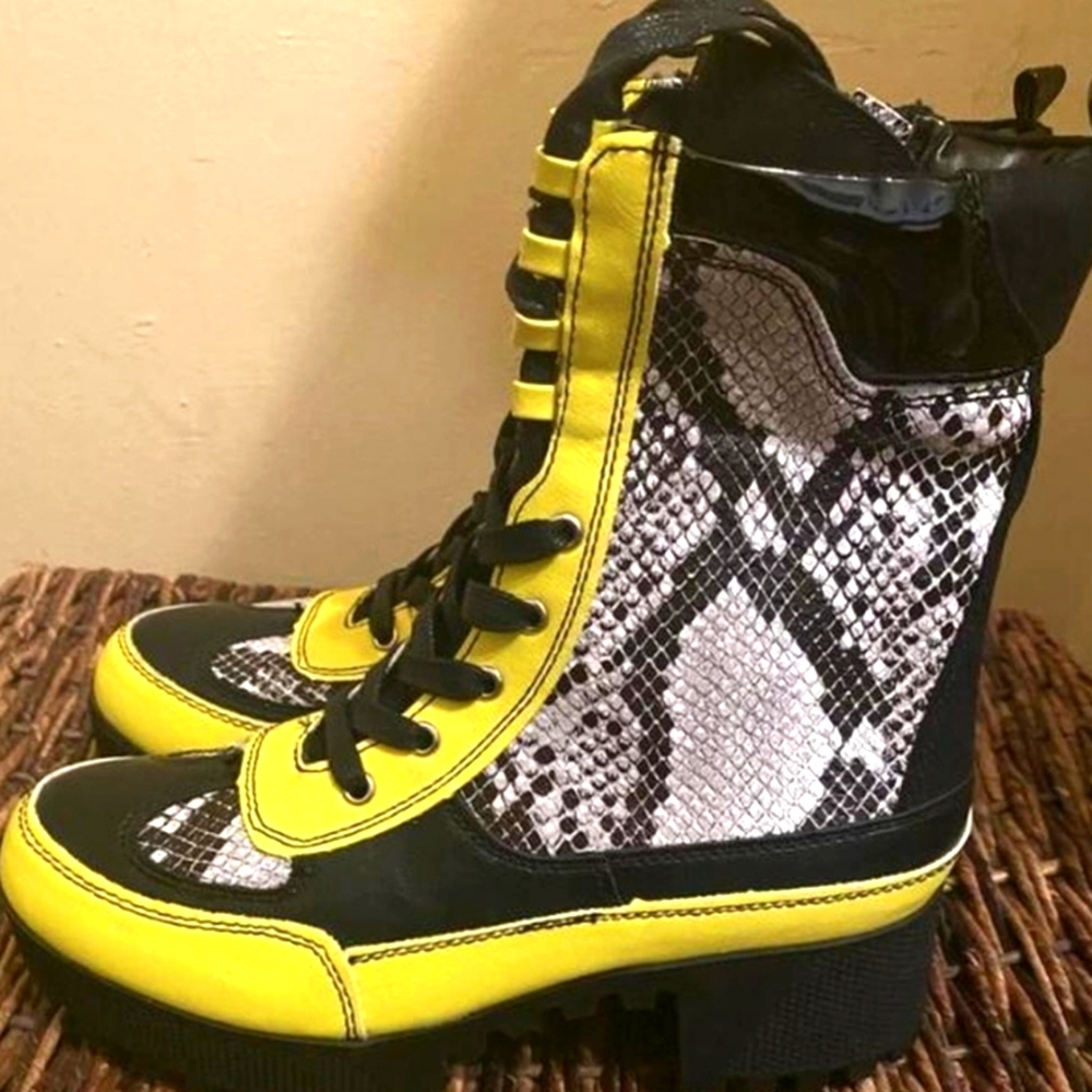 Bamboo Black Yellow Faux Snakeskin Combat Platform Boots